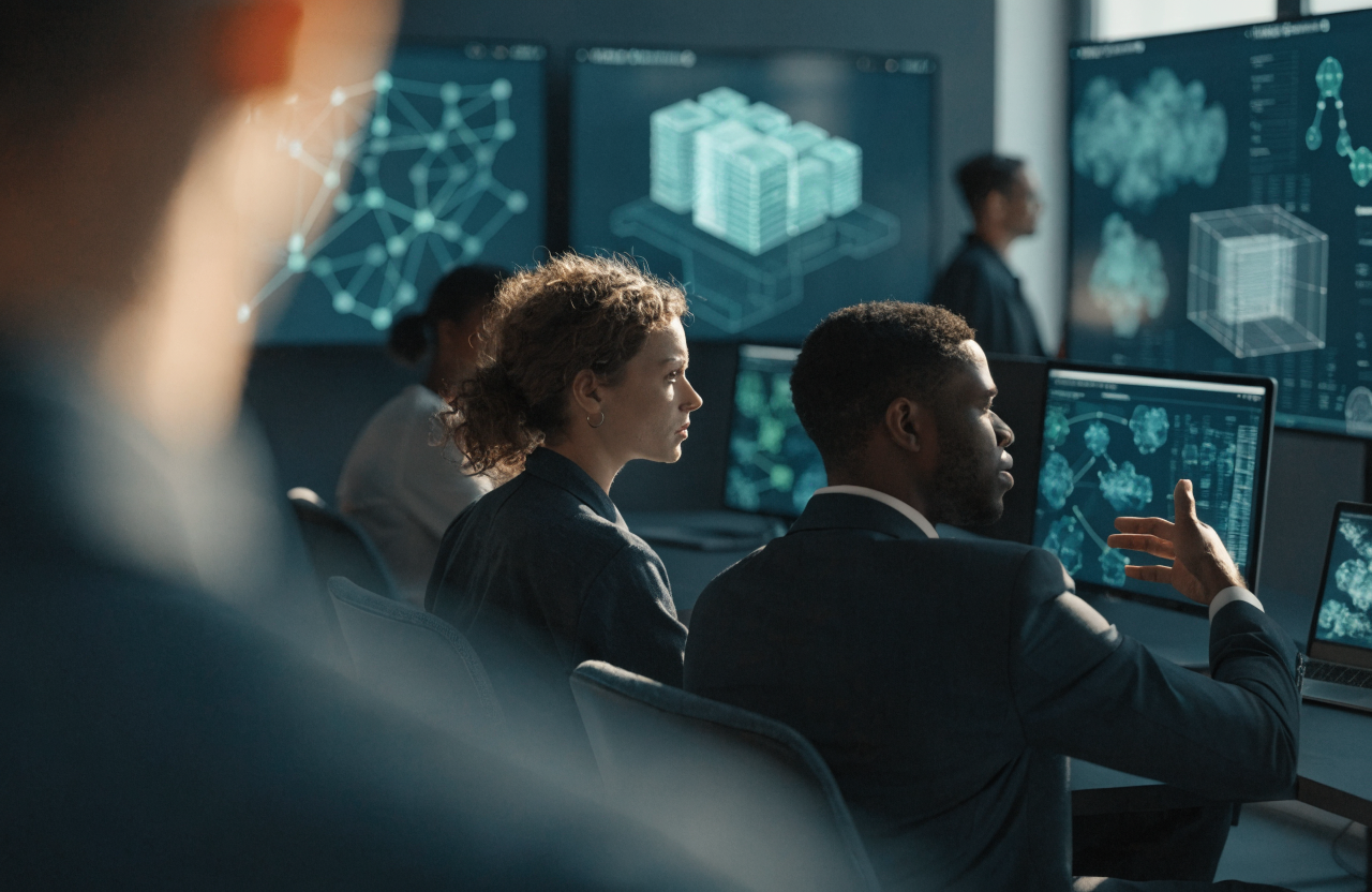 Team working with enterprise data dashboards and cloud infrastructure