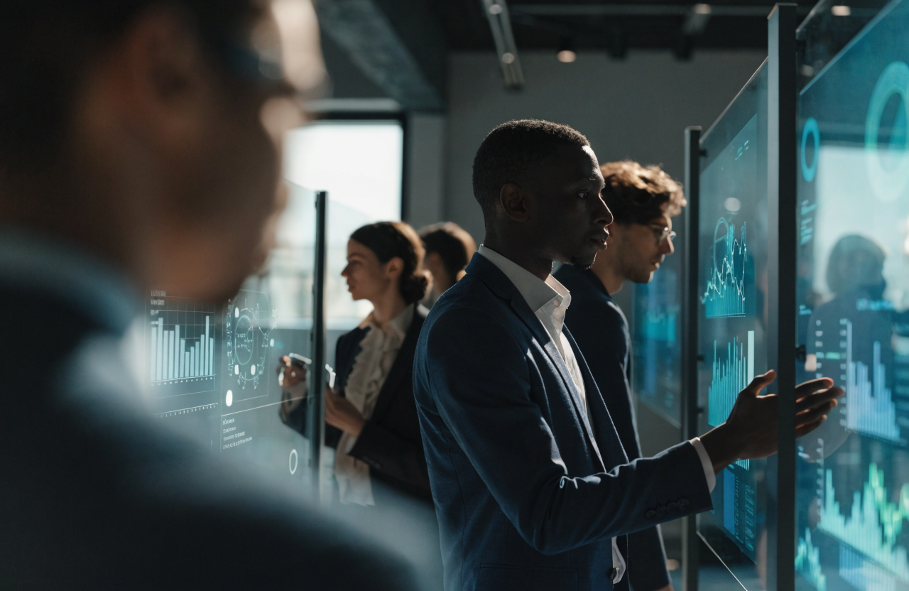 Professionals working with AI data visualizations in an innovation lab