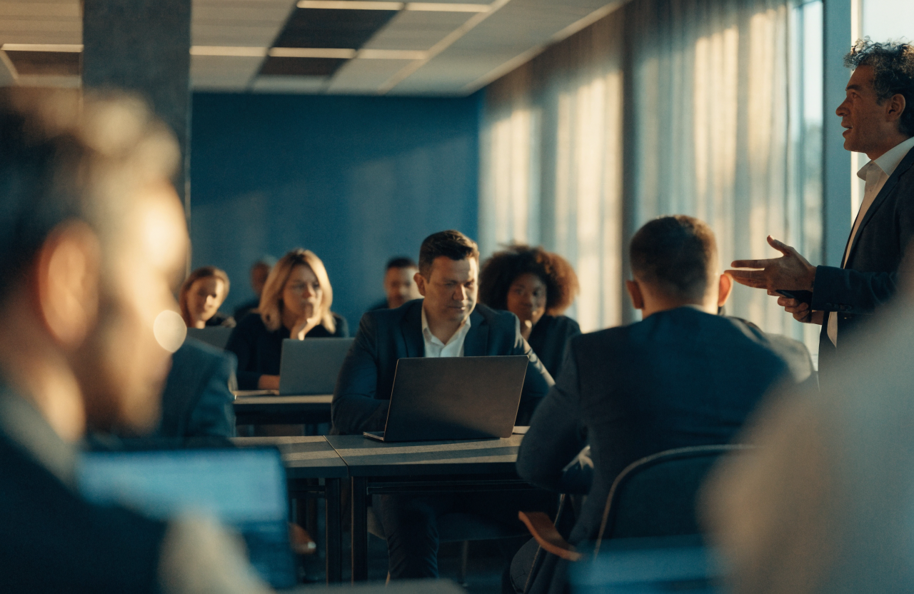 Instructor presenting to learners in an executive training classroom